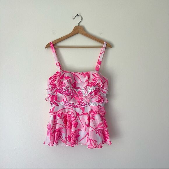 Lilly Pulitzer Olive Ruffle Tiered Top Size 8 Pink Floral Sleeveless - Picture 2 of 9
